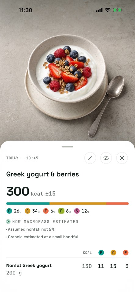 A Macropass meal draft for Greek yogurt and berries: 300 kcal with a plus or minus 15 uncertainty band, the assumptions 'Assumed nonfat, not 2%' and 'Granola estimated at a small handful', and the per-ingredient breakdown