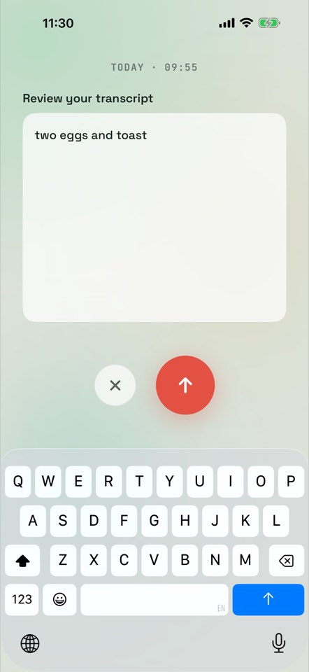 Macropass voice logging: a spoken meal transcript ready to review before the AI estimates it