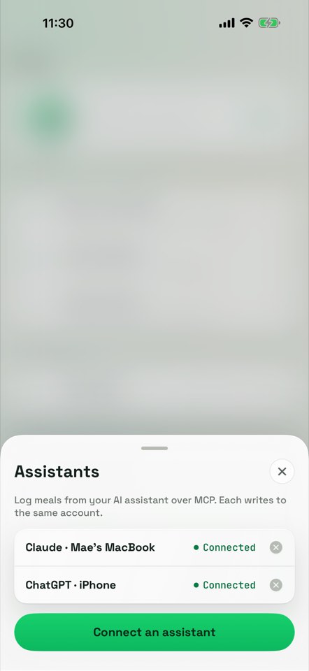 The Macropass AI assistants screen with Claude and ChatGPT connected over MCP