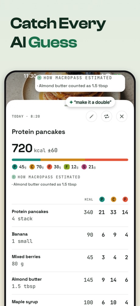 Macropass App Store frame: Catch every AI guess, the draft with an assumption line and the correction make it a double