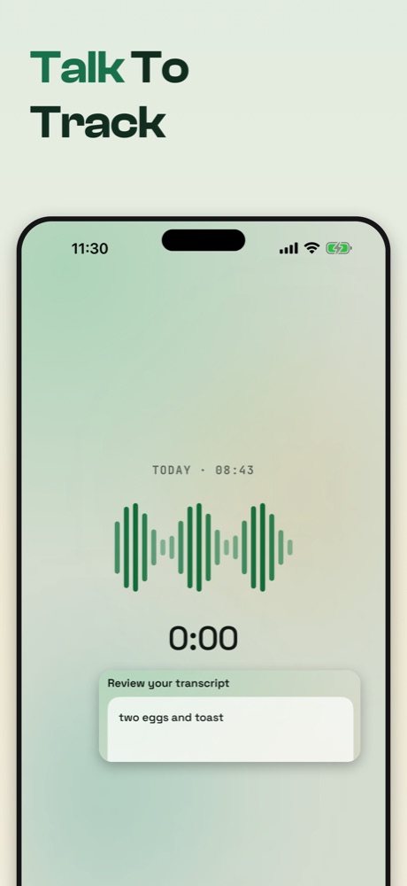 Macropass App Store frame: Talk to track, voice waveform and the transcript two eggs and toast