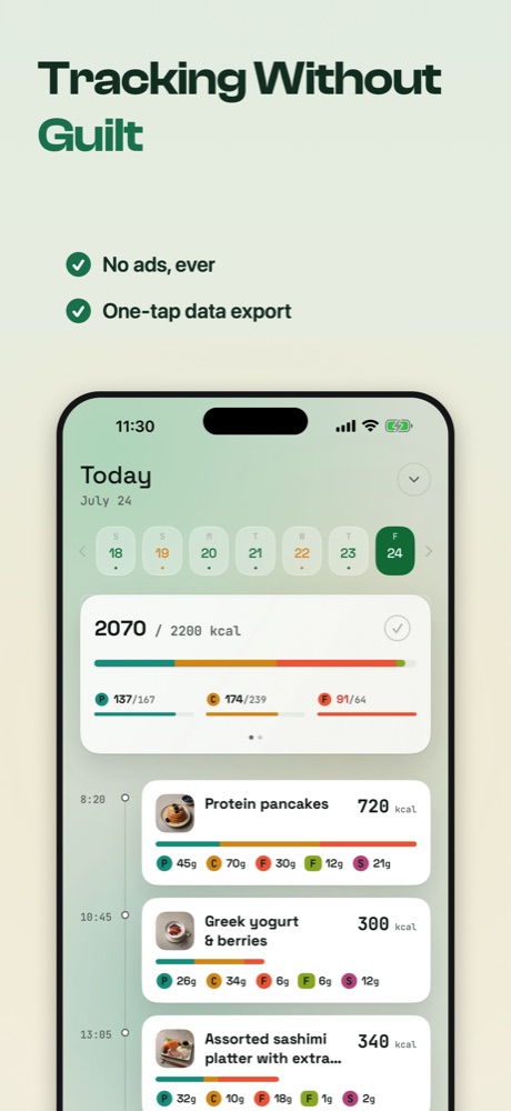 Macropass App Store frame: Tracking without guilt, no ads ever and one-tap data export